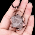 Vintage copper-tone necklace with raw crystal pendant on a black woven cord - White Crystal