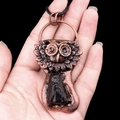 Vintage koperen uil hanger ketting met zwarte ruwe edelsteen en zwart gevlochten koord - Zwarte Toermalijn