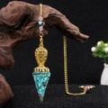 Colgante de péndulo hexagonal dorado con piedras azules en rama de madera natural - Turquesa azul (Sintética)