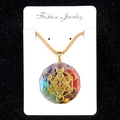 Octagon chakra pendant necklace with colorful stones and gold Metatron cube symbol - Chain Style