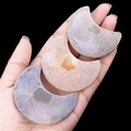 Three druzy agate crescent moon carvings in grey, purple, and orange crystals - Moon Style