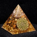 Tiger Eye Crystal Orgone Pyramid with Flower of Life and gold coil energy stone - Tiger Eye And White Crystal Style(G5)