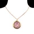 Golden stainless steel necklace with round glass locket filled with pink natural quartz - Strawberry Quartz