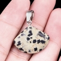 Handheld fan-shaped dalmatian jasper stone pendant with polished metal clasp - 20mm Dalmation Stone