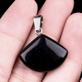 Natural black semi-precious stone fan pendant with silver metal bail on hand - 20mm Obsidian