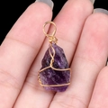 Handcrafted amethyst raw stone pendant wrapped in gold wire for DIY jewelry making - Dark Amethyst