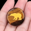 Natural tiger eye stone disc featuring a golden bear engraving with chatoyant luster - Tiger's Eye