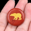 Polished red jasper stone disc with golden bear engraving, hand-held size for meditation - Red Jasper