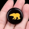 Round 25mm black agate gemstone cabochon with a golden bear animal engraving - Obsidian