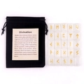 Set of 25 white translucent rune stones with golden engravings and black velvet pouch - Rune Stones + Velvet Bag + Manual / White Crystal