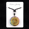 Colorful chakra gemstone resin octagon pendant necklace with golden Sri Yantra geometry - Sri Yantra Pattern (No. 1)