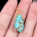 Handmade wire wrapped light blue raw stone pendant with gold finish for DIY jewelry - Blue Turquoise (Synthetic)