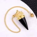 Polished black gemstone pendulum pendant with golden lotus metalwork and chain - Obsidian