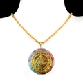 Golden necklace with octagonal pendant featuring colorful crystals and Sri Yantra - Sri Yantra Octagon Style (2311-1)