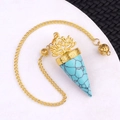 Blue natural stone lotus pendulum pendant with golden hollow flower beads and chain - Turquoise (Synthetic)