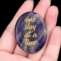 Blue Sodalite palm stone with gold engraved one day at a time inspirational text - Blue Sodalite