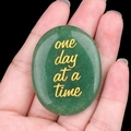 Deep green aventurine palm stone with golden One Day At A Time engraved text - Green Aventurine