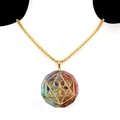 Gold chain necklace with a colorful crystal resin pendant featuring geometric metal art - Merkaba Variant Style (2311-9)