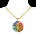Golden resin necklace with colorful natural crystal stones and Cho Ku Rei reiki symbol - Reiki Symbol Octagon Style (11号)