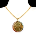 Golden Flower of Life necklace featuring colorful crystal stones on white mannequin stand - Flower of Life Round Style (14号)