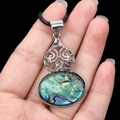 Vintage silver alloy pendant with abalone shell and rhinestone on black cord - Abalone Shell