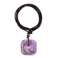Square purple natural crystal pendant on dark brown braided cord necklace with gold bead - Amethyst