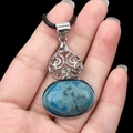 Ethnic vintage silver hollow pendant with oval blue stone on black cord necklace - Dyed Grey Picture Stone