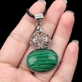 Green malachite pattern pendant with silver hollow scrollwork and white rhinestone - Malachite (Artificial)