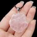 Natural raw rose quartz pendant necklace with irregular crystal and black cord - Rose Quartz
