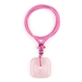 Pink natural rose quartz square pendant with hand-woven cord and metallic details - Rose Quartz