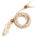 Adjustable beige woven net pouch necklace with wooden beads for crystals and stones - Off White