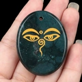 Natural green agate palm stone pendant with golden Buddha wisdom eye totem - India Agate