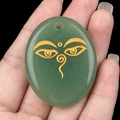 Green aventurine palm stone pendant with golden Buddha wisdom eyes engraving - Green Aventurine