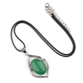 Green oval semi-precious stone pendant on black cord with silver leaf-shaped frame - Green Aventurine