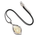 Oval cream shell stone pendant with silver hollow leaf frame on black braided cord - White Shell