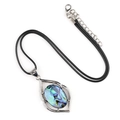 Oval abalone shell pendant with silver leaf hollow frame on black cord necklace - Abalone Shell