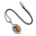 Tiger Eye stone pendant in silver metal frame with adjustable black braided cord necklace - Tiger's Eye