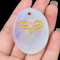 Oval opal crystal pendant with golden Buddha wisdom eyes carving for necklaces - Opal (Synthetic)