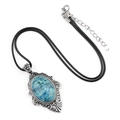 Pendentif vintage œil de tigre bleu ovale avec cadre argenté sur cordon noir - Pierre de paysage grise teinte