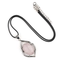 Pink quartz crystal teardrop pendant on black braided leather cord necklace accessory - Rose Quartz