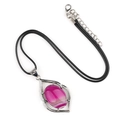 Pink striped agate stone pendant with silver leaf-shaped mount on black cord necklace - Rose Red Agate