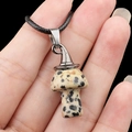 Natural dalmatian jasper mushroom necklace with black cord and silver-tone witch hat cap - Dalmatian Jasper