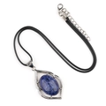 Vintage silver leaf pendant necklace featuring oval blue stone and black braided rope cord - Lapis Lazuli (Dyed)