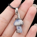 Blue marble stone mushroom pendant necklace with silver witch hat and black cord - Sodalite