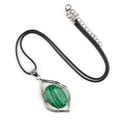 Green malachite style gemstone pendant in leaf-shaped hollow silver frame with black cord - Malachite (Artificial)