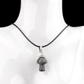 Vintage witch hat mushroom pendant necklace with black spotted stone on black cord - Larvikite