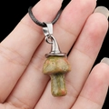 Handcrafted agate mushroom pendant with silver witch hat on a black woven cord - Unakite
