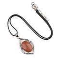Brown goldstone oval pendant with silver leaf metal frame on black cord necklace - Goldstone (Synthetic)