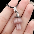 Pink strawberry crystal mushroom pendant with silver cap on black braided necklace - Strawberry Quartz