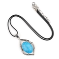 Bohemian silver leaf pendant with turquoise stone inlay on black cord necklace - Blue Turquoise (Synthetic)